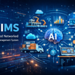 Illustration showing CÑIMS AI system connecting multiple industries with real-time data, automation, and intelligent management