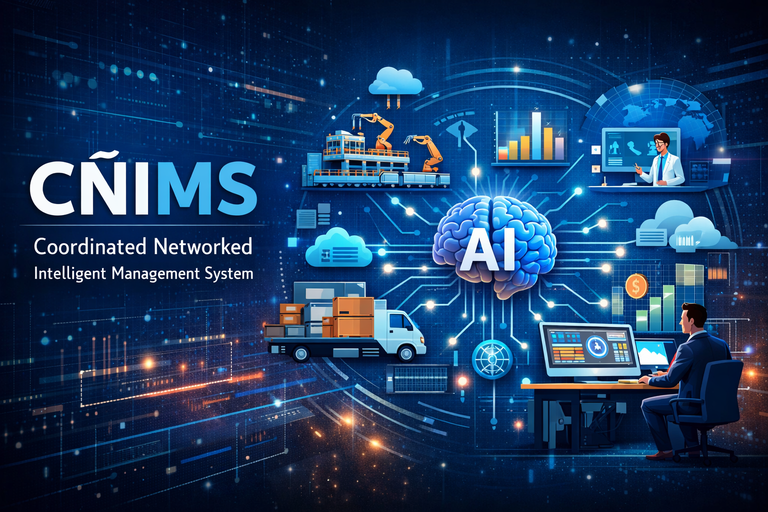 Illustration showing CÑIMS AI system connecting multiple industries with real-time data, automation, and intelligent management