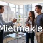 A professional Mietmakler showing a young couple a modern apartment with city view