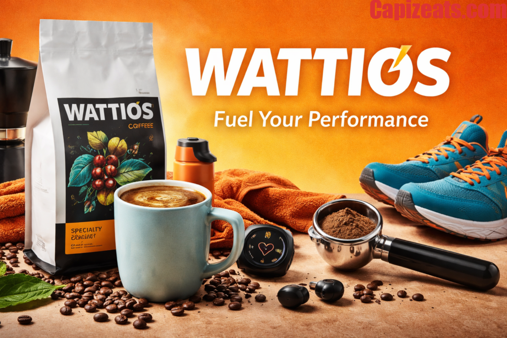 A stylish cup of Wattios specialty coffee with latte art, surrounded by Ethiopian coffee beans, citrus and jasmine accents, representing energy and athletic lifestyle