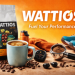 A stylish cup of Wattios specialty coffee with latte art, surrounded by Ethiopian coffee beans, citrus and jasmine accents, representing energy and athletic lifestyle