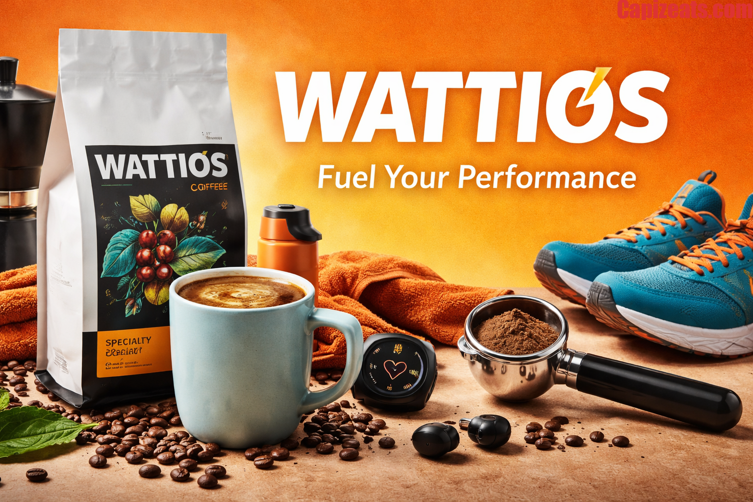 A stylish cup of Wattios specialty coffee with latte art, surrounded by Ethiopian coffee beans, citrus and jasmine accents, representing energy and athletic lifestyle