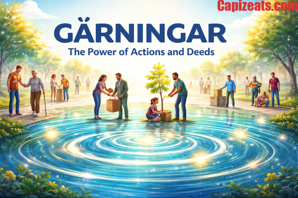 Illustration showing people performing acts of kindness and community service, symbolizing the impact of Gärningar on personal growth and society