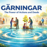 Illustration showing people performing acts of kindness and community service, symbolizing the impact of Gärningar on personal growth and society
