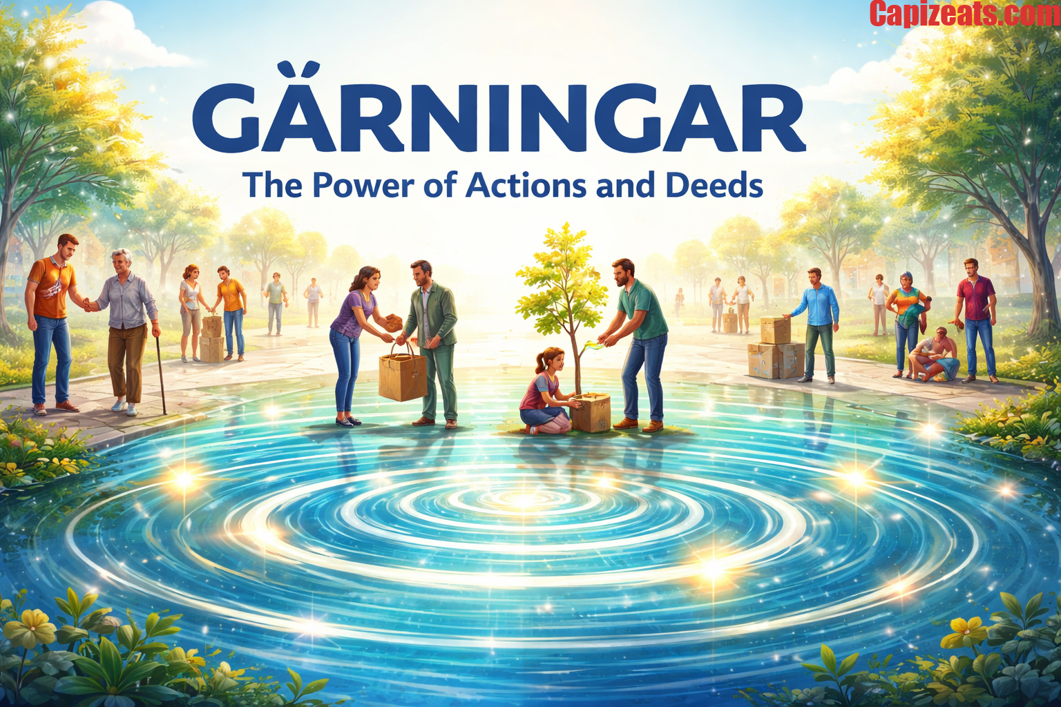 Illustration showing people performing acts of kindness and community service, symbolizing the impact of Gärningar on personal growth and society