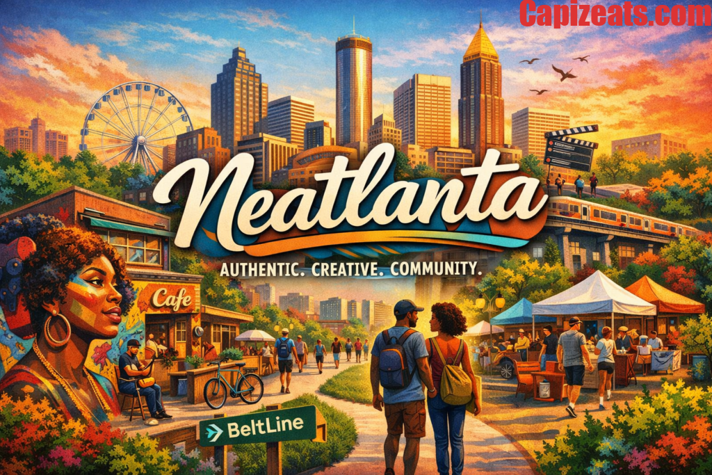 Illustration representing Neatlanta with Atlanta skyline, street art, cafés, and community lifestyle scenes