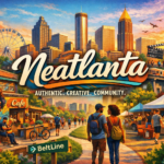 Illustration representing Neatlanta with Atlanta skyline, street art, cafés, and community lifestyle scenes