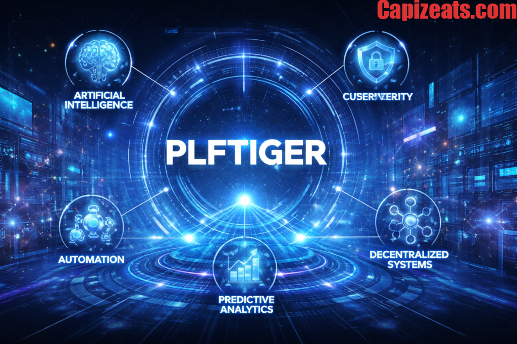 Futuristic illustration of Plftiger platform showing AI, cybersecurity, automation, predictive analytics, and decentralized systems in a high-tech digital environment