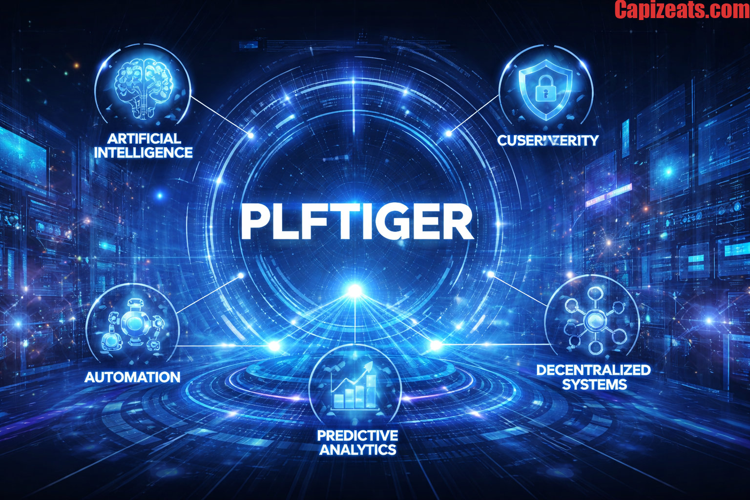 Futuristic illustration of Plftiger platform showing AI, cybersecurity, automation, predictive analytics, and decentralized systems in a high-tech digital environment