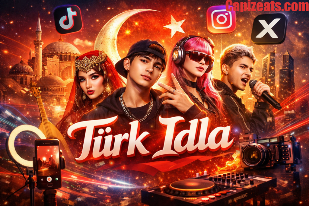 Young Turkish creators expressing music, fashion, and visual art in the Türk Idla movement with TikTok, Instagram, YouTube, and X icons in the background