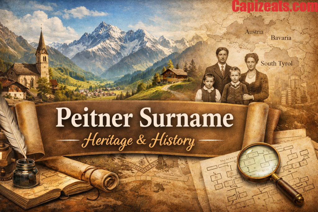 Illustration representing the Peitner surname, Alpine mountains, and European family heritage