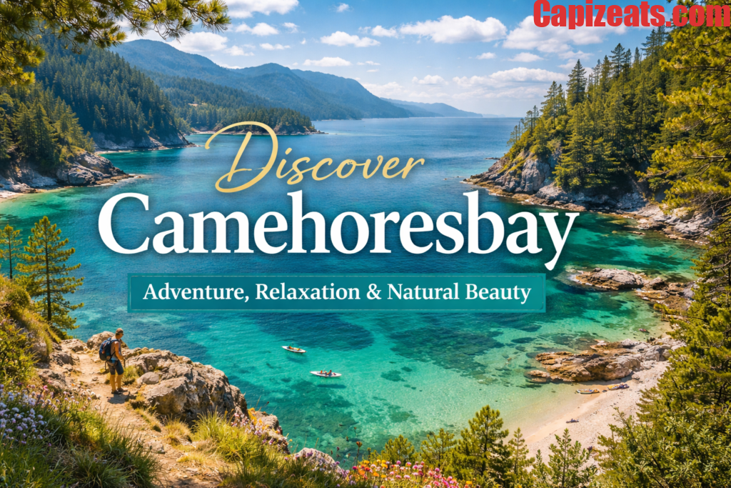 A scenic view of Camehoresbay with turquoise waters, lush hills, hidden coves, and a hiker overlooking the bay under a bright sky.