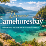 A scenic view of Camehoresbay with turquoise waters, lush hills, hidden coves, and a hiker overlooking the bay under a bright sky.