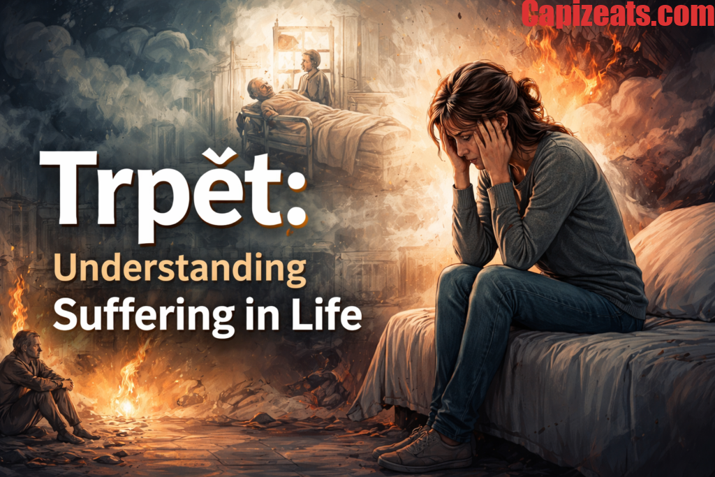 A distressed person sitting on a bed holding their head, surrounded by abstract depictions of pain, fire, and turmoil, symbolizing suffering and endurance (Trpět).