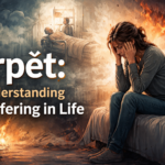 A distressed person sitting on a bed holding their head, surrounded by abstract depictions of pain, fire, and turmoil, symbolizing suffering and endurance (Trpět).