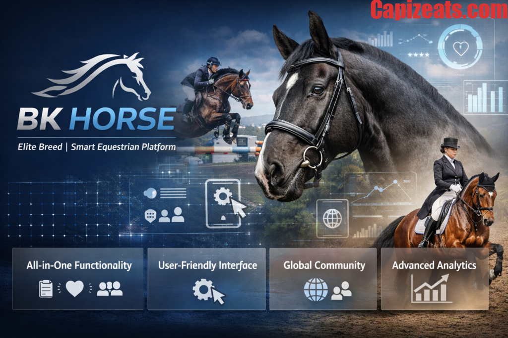 BK Horse with rider showcasing strength and agility, alongside digital icons for training, health tracking, and community features