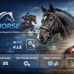 BK Horse with rider showcasing strength and agility, alongside digital icons for training, health tracking, and community features