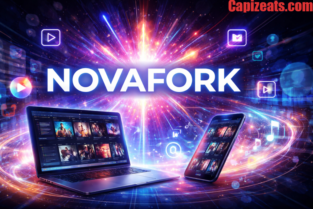 Novafork concept showing a laptop and smartphone with streaming content on a digital futuristic background
