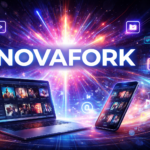 Novafork concept showing a laptop and smartphone with streaming content on a digital futuristic background