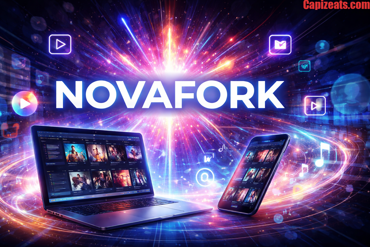Novafork concept showing a laptop and smartphone with streaming content on a digital futuristic background